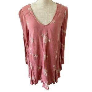 Free People Emma Austin Shift Mini Dress Pink Floral Embroidered Boho Size Small